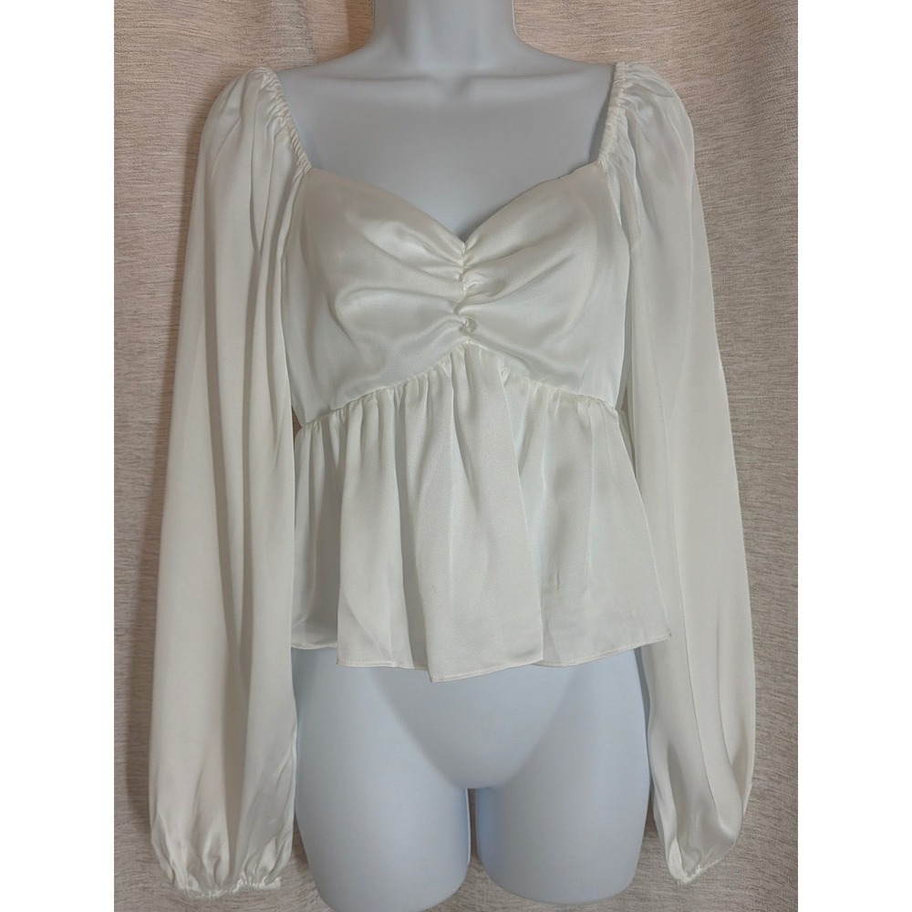 English Factory White Satin Peplum Top Sweetheart Bishop Sleeve Blouse medium